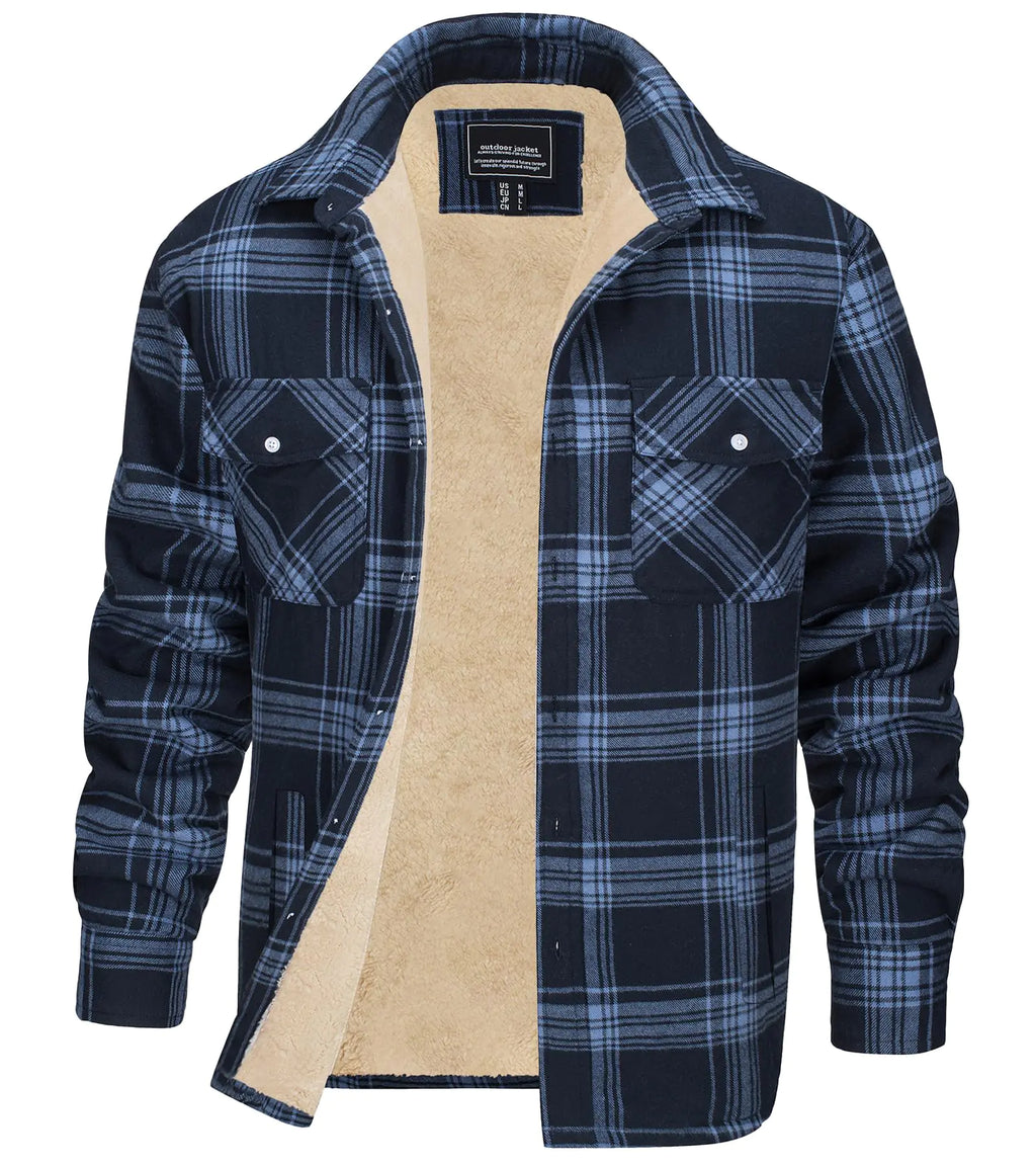 EKLENTSON Winter Jackets for Men Sherpa Lined Plaid Jacket Windproof Flannel Jacket Soft Fleece Fall Coat Grey Blue XL