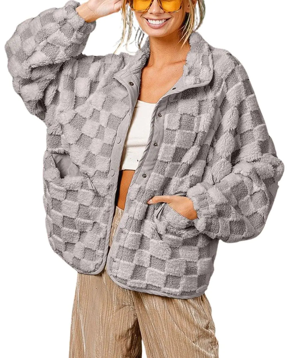 chouyatou Women Winter Casual Checkered Fleece Jacket Fuzzy Oversized Sherpa Jacket Shacket Faux Fur Coat (Small Grey)