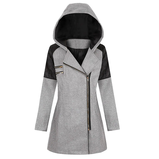Meoguillat Winter Trench Coat Women Lapel Double Breasted Wool Blend Pea Coats Fashion Plaid Hooded Long Jacket with Belted
