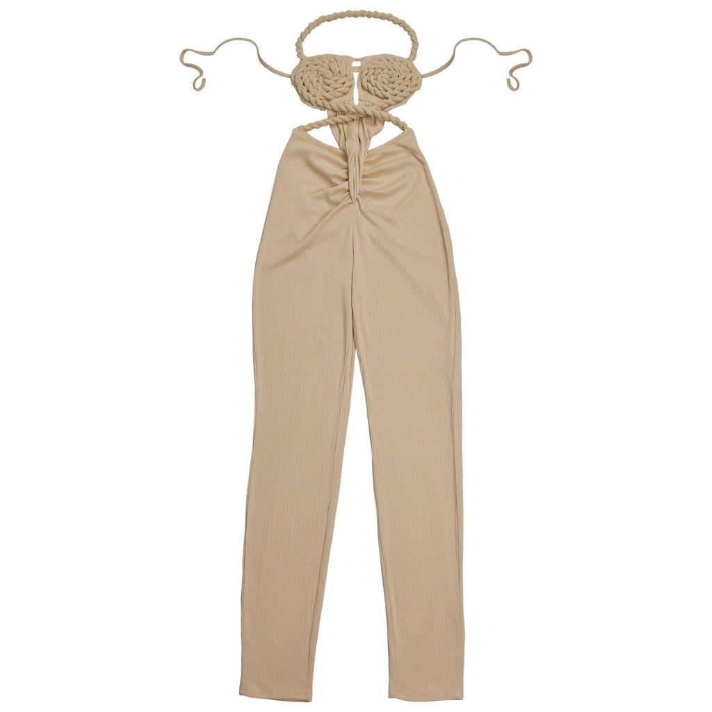 GLCMYAYA Women Halter Neck Knit Ribbed Ruched Stacked Jumpsuits 2025 Summer Vacation Beach Romper Playsuit One Piece Set Outfits