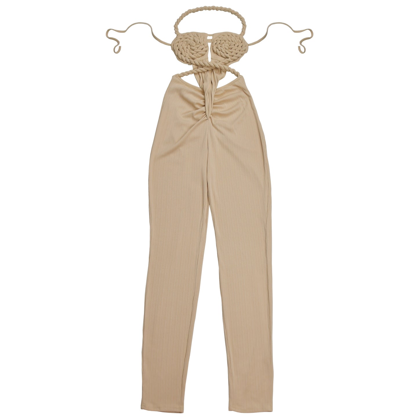 GLCMYAYA Women Halter Neck Knit Ribbed Ruched Stacked Jumpsuits 2025 Summer Vacation Beach Romper Playsuit One Piece Set Outfits