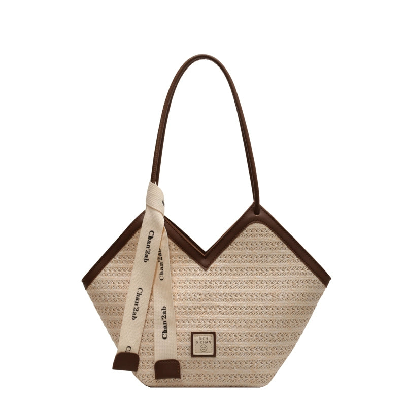 Woven Straw Woven Bag Women's Large Capacity 2025 New Arrival Easiest for Match Seaside Shoulder Bag Beach Vacation Commuter Tote