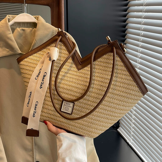 Woven Straw Woven Bag Women's Large Capacity 2025 New Arrival Easiest for Match Seaside Shoulder Bag Beach Vacation Commuter Tote