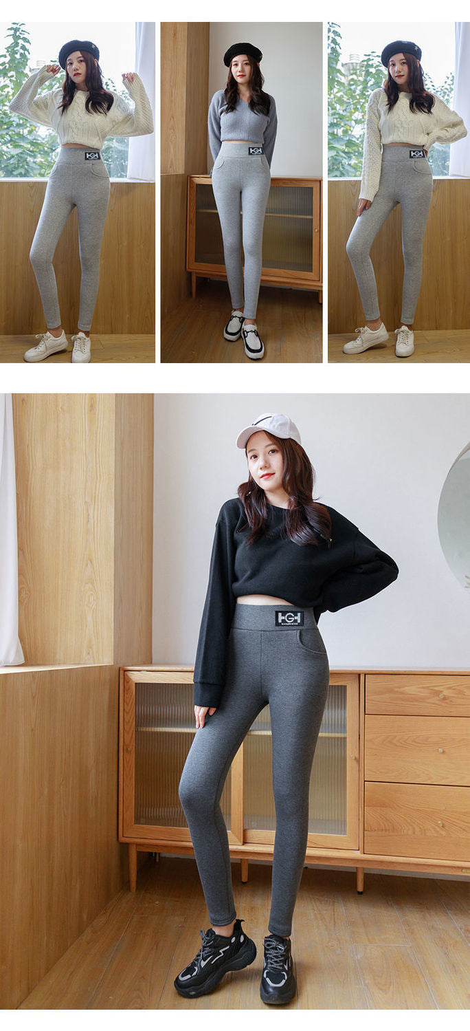 Winter Women Leggings Solid Warm Leggings Thicken Lambwool Hight Waist Fleece Keep Butt Lift High Stretchy Walking Pants Pocket
