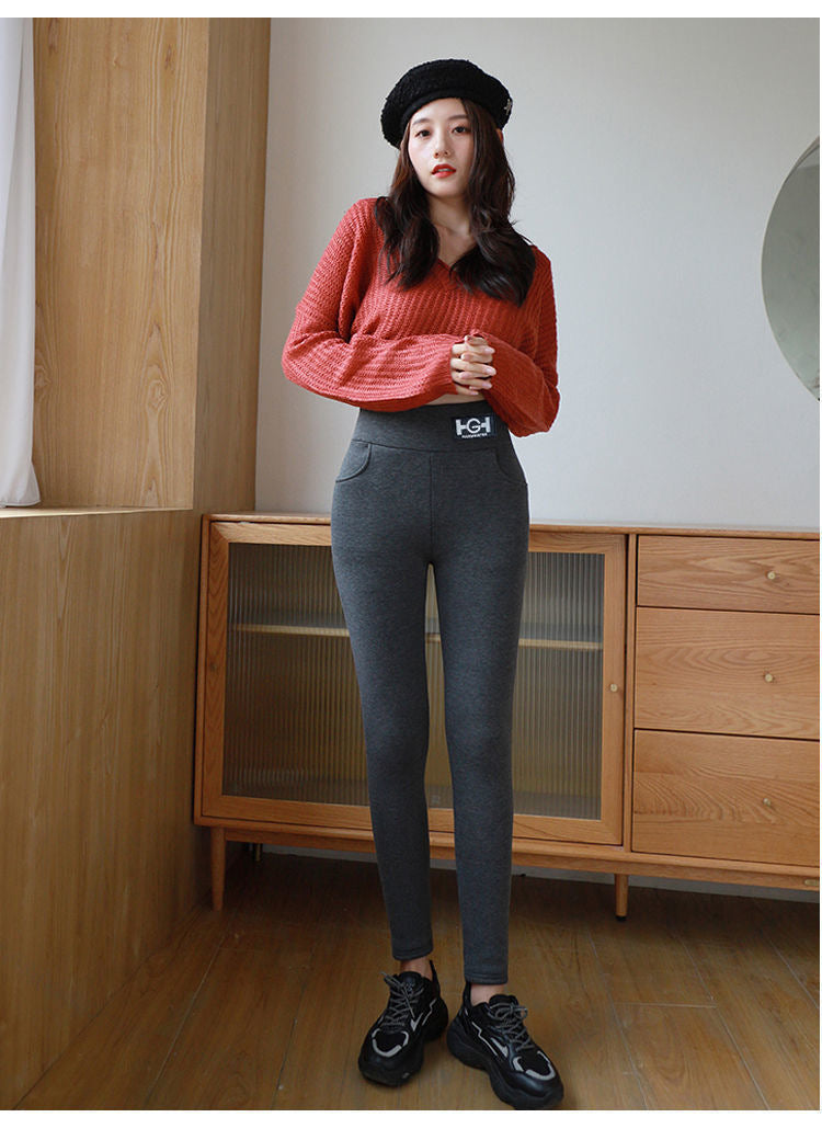 Winter Women Leggings Solid Warm Leggings Thicken Lambwool Hight Waist Fleece Keep Butt Lift High Stretchy Walking Pants Pocket