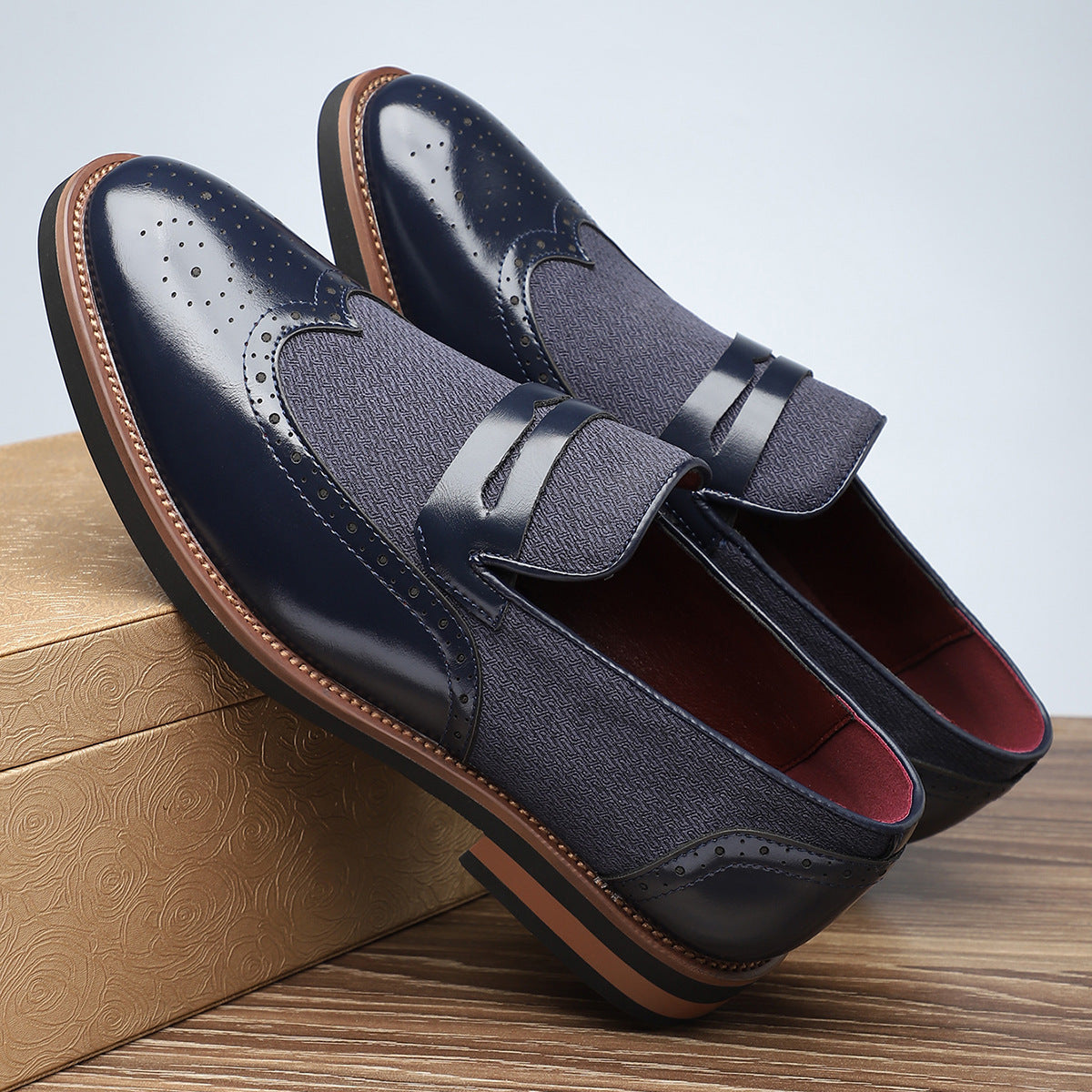Men's British Style Casual PU Leather Shoes – Color Block Design | Sizes 39–48