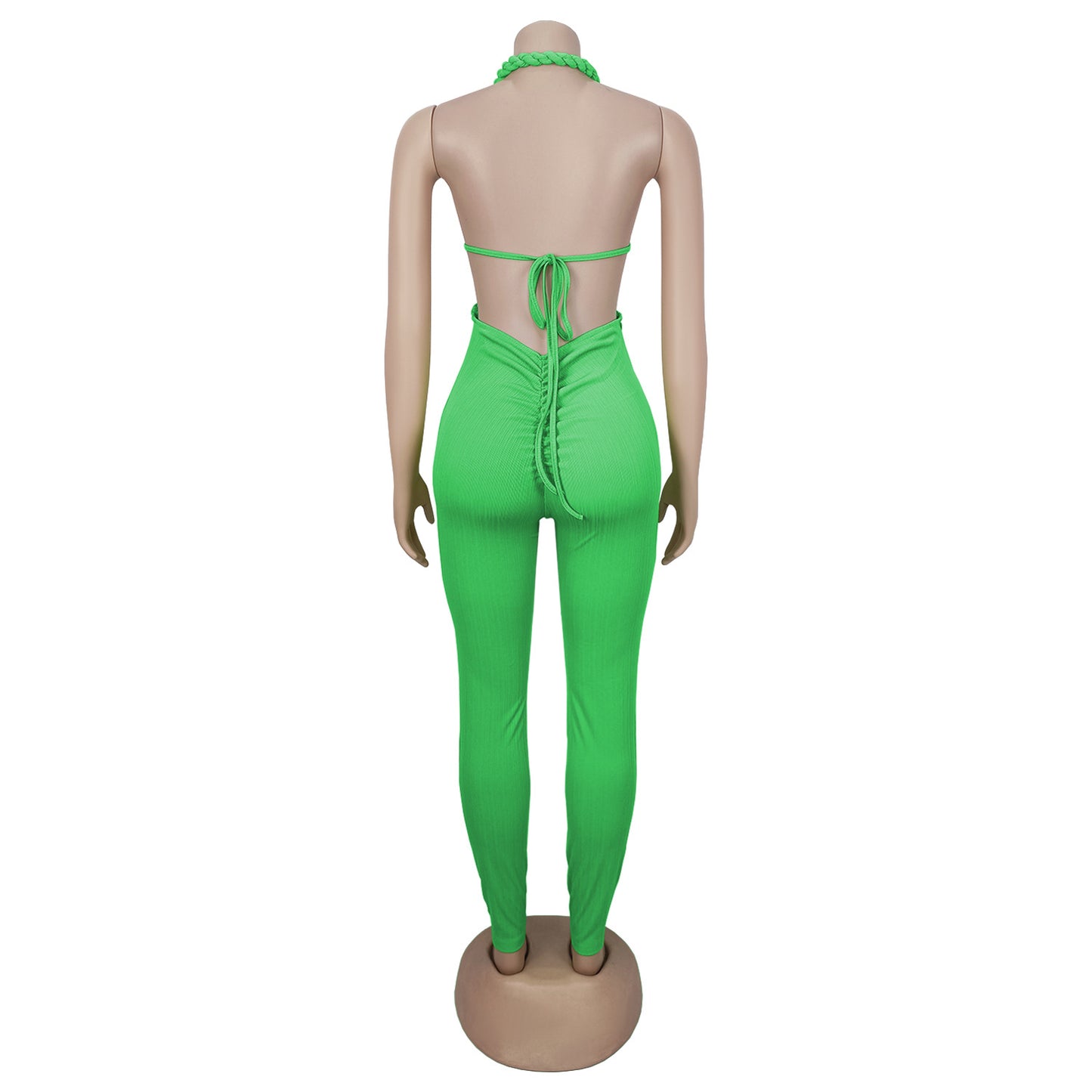 GLCMYAYA Women Halter Neck Knit Ribbed Ruched Stacked Jumpsuits 2025 Summer Vacation Beach Romper Playsuit One Piece Set Outfits