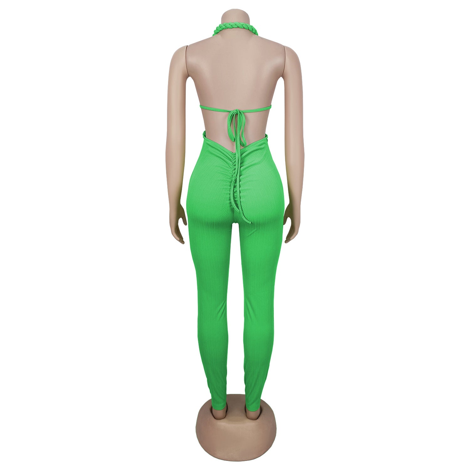 GLCMYAYA Women Halter Neck Knit Ribbed Ruched Stacked Jumpsuits 2025 Summer Vacation Beach Romper Playsuit One Piece Set Outfits
