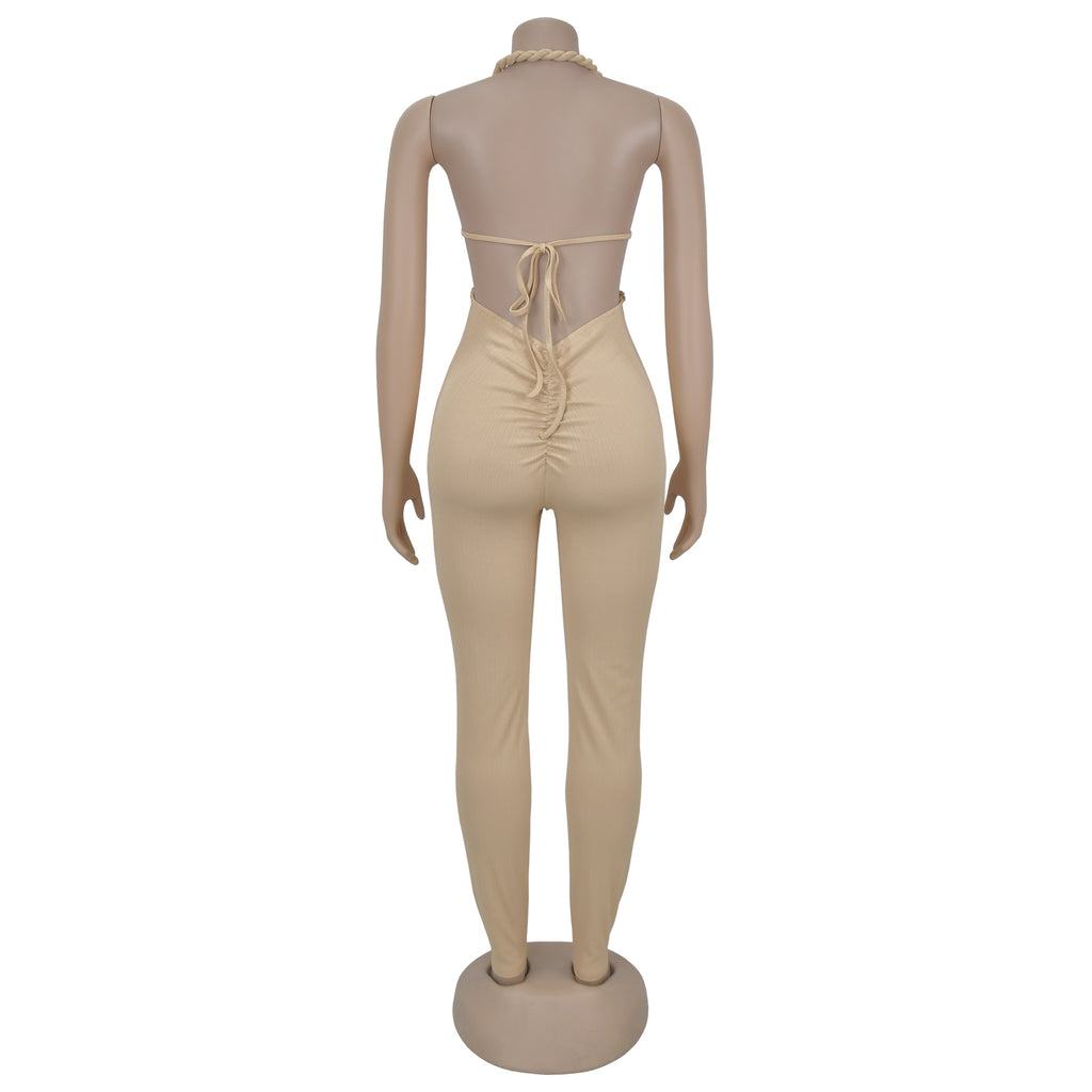 GLCMYAYA Women Halter Neck Knit Ribbed Ruched Stacked Jumpsuits 2025 Summer Vacation Beach Romper Playsuit One Piece Set Outfits