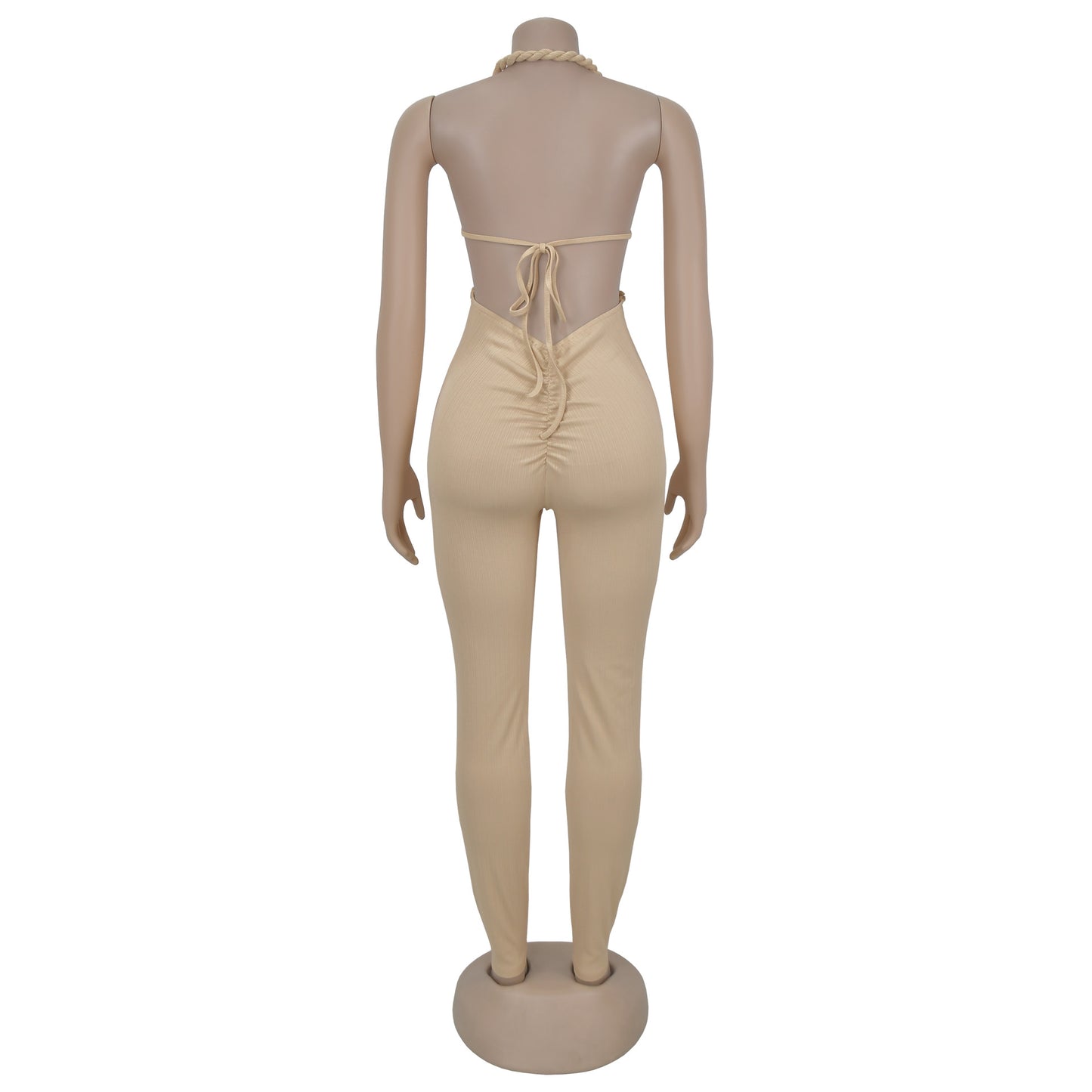 GLCMYAYA Women Halter Neck Knit Ribbed Ruched Stacked Jumpsuits 2025 Summer Vacation Beach Romper Playsuit One Piece Set Outfits