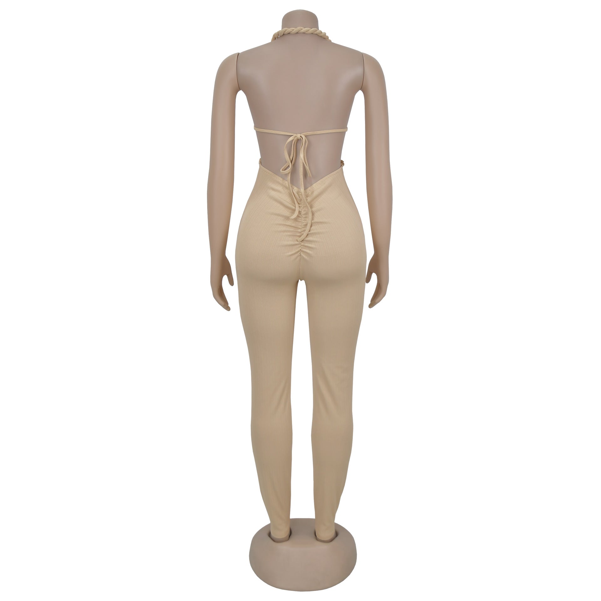 GLCMYAYA Women Halter Neck Knit Ribbed Ruched Stacked Jumpsuits 2025 Summer Vacation Beach Romper Playsuit One Piece Set Outfits
