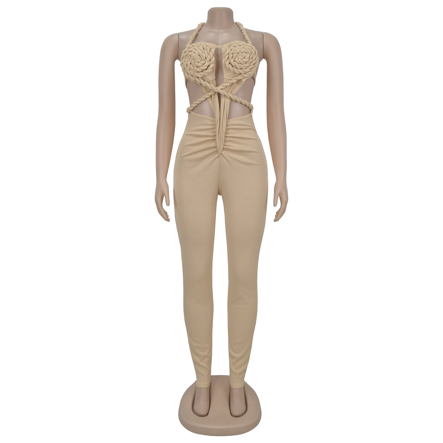 GLCMYAYA Women Halter Neck Knit Ribbed Ruched Stacked Jumpsuits 2025 Summer Vacation Beach Romper Playsuit One Piece Set Outfits