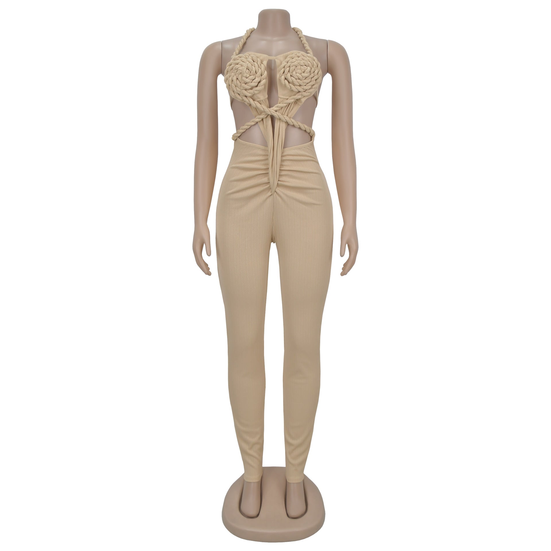 GLCMYAYA Women Halter Neck Knit Ribbed Ruched Stacked Jumpsuits 2025 Summer Vacation Beach Romper Playsuit One Piece Set Outfits