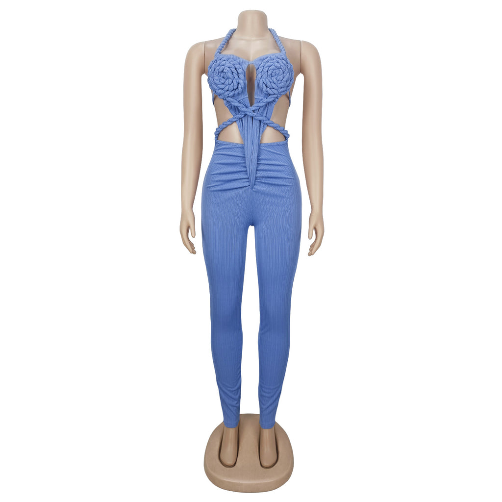 GLCMYAYA Women Halter Neck Knit Ribbed Ruched Stacked Jumpsuits 2025 Summer Vacation Beach Romper Playsuit One Piece Set Outfits