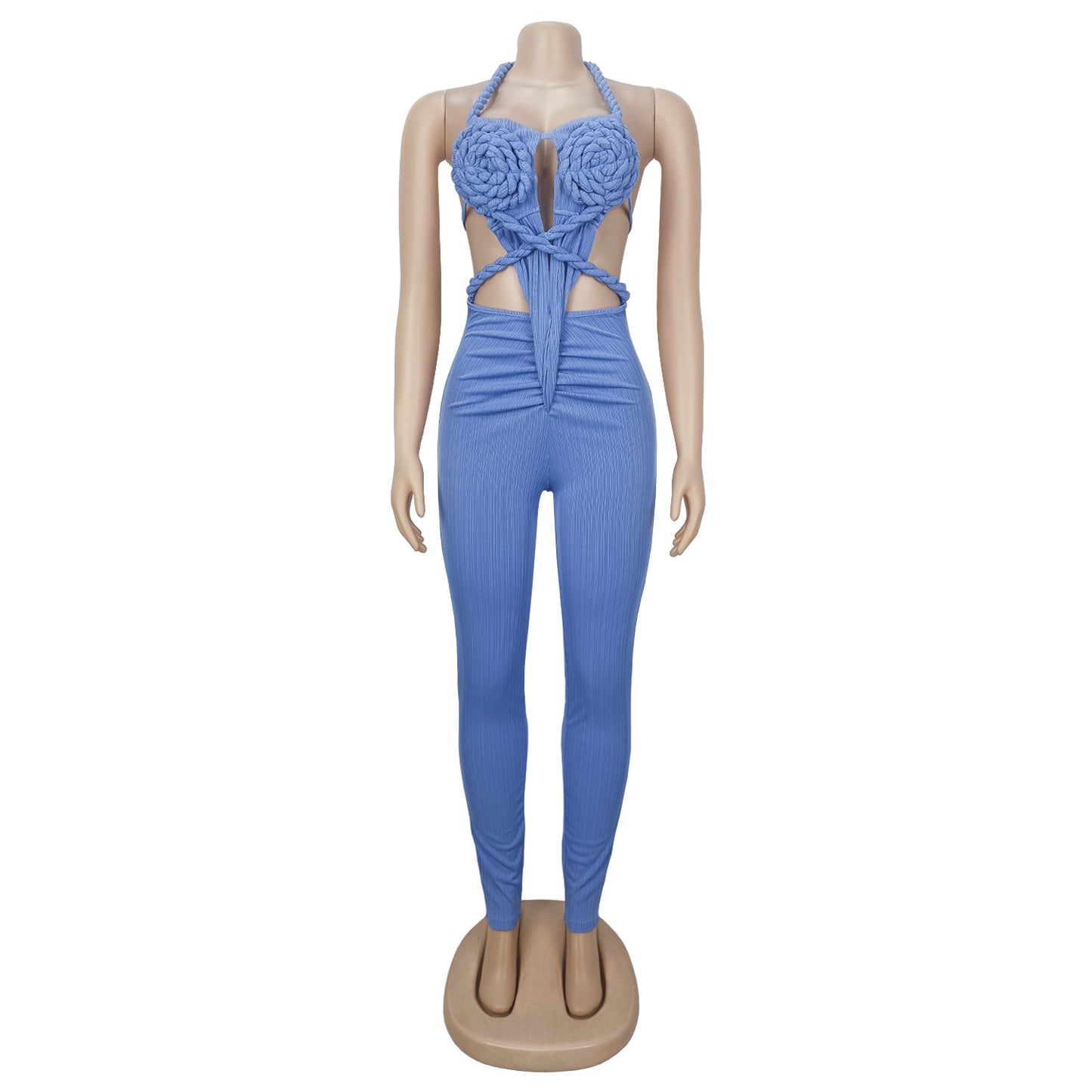 GLCMYAYA Women Halter Neck Knit Ribbed Ruched Stacked Jumpsuits 2025 Summer Vacation Beach Romper Playsuit One Piece Set Outfits