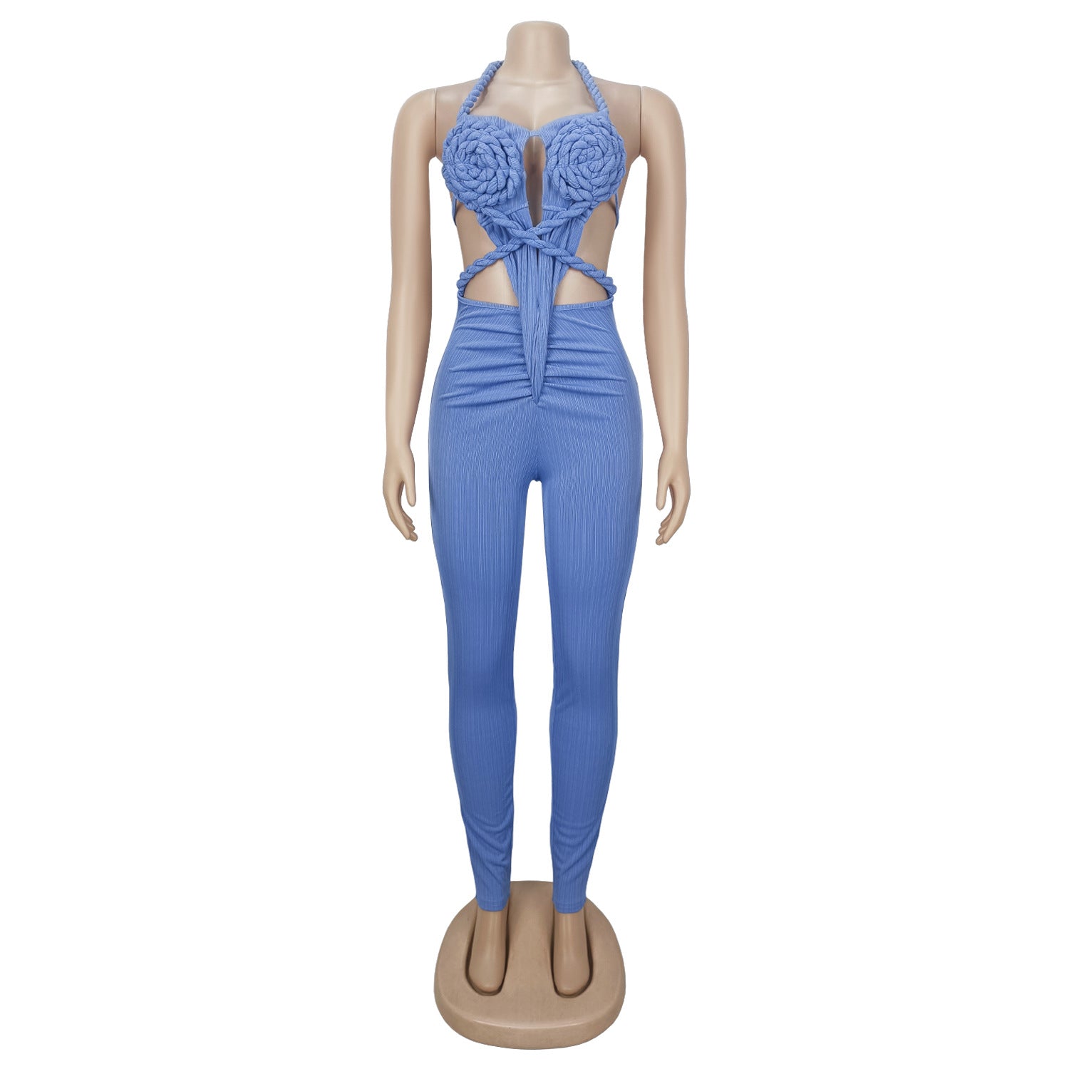 GLCMYAYA Women Halter Neck Knit Ribbed Ruched Stacked Jumpsuits 2025 Summer Vacation Beach Romper Playsuit One Piece Set Outfits