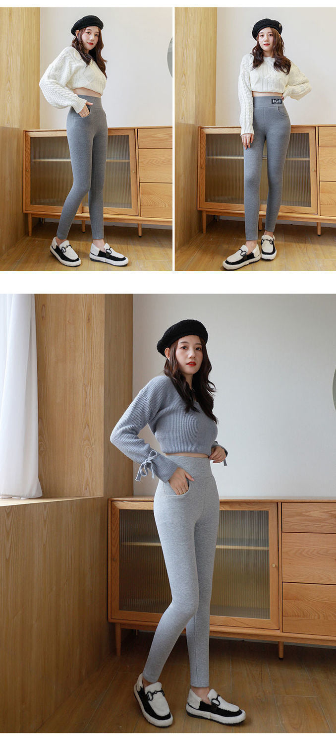 Winter Women Leggings Solid Warm Leggings Thicken Lambwool Hight Waist Fleece Keep Butt Lift High Stretchy Walking Pants Pocket