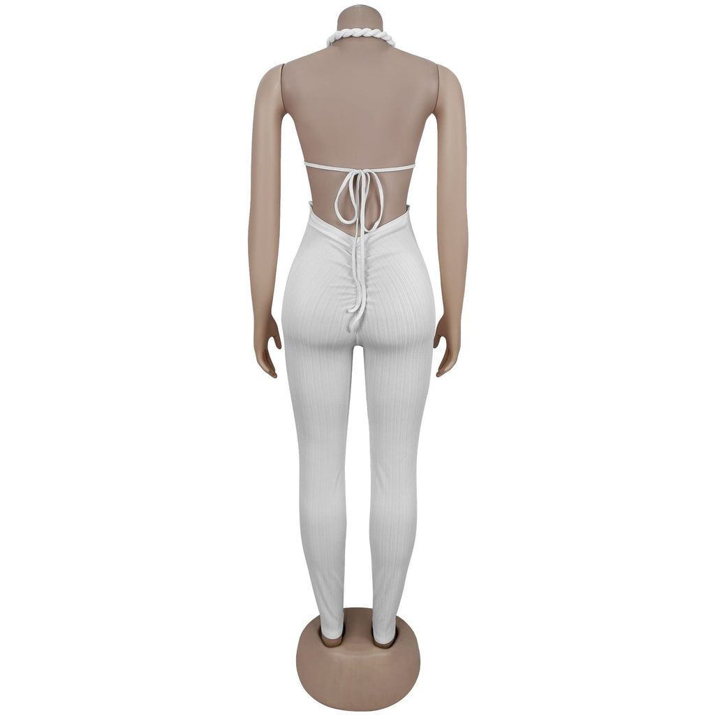 GLCMYAYA Women Halter Neck Knit Ribbed Ruched Stacked Jumpsuits 2025 Summer Vacation Beach Romper Playsuit One Piece Set Outfits
