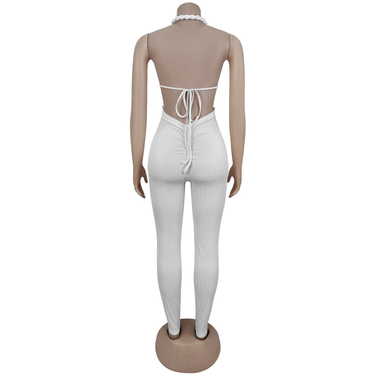 GLCMYAYA Women Halter Neck Knit Ribbed Ruched Stacked Jumpsuits 2025 Summer Vacation Beach Romper Playsuit One Piece Set Outfits