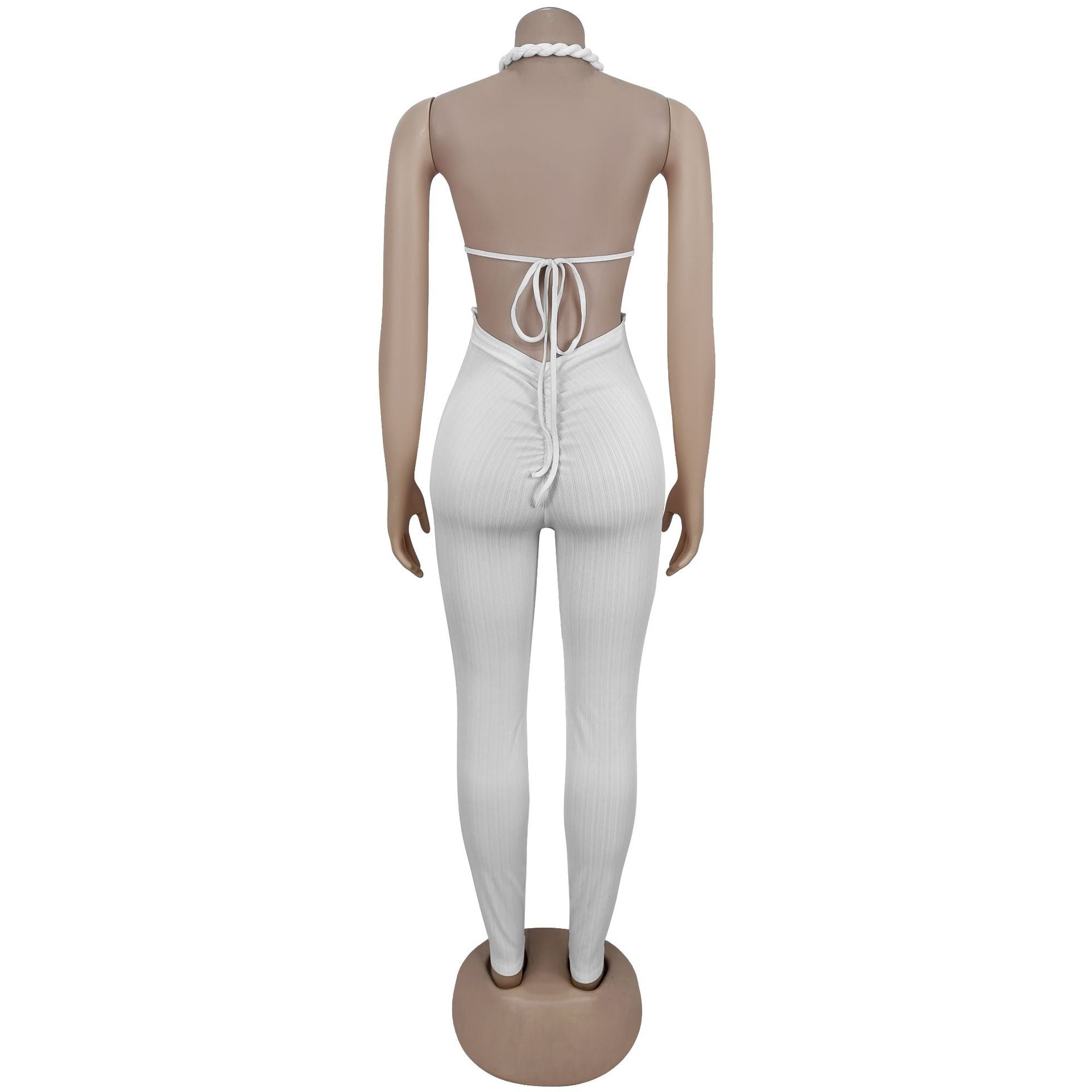 GLCMYAYA Women Halter Neck Knit Ribbed Ruched Stacked Jumpsuits 2025 Summer Vacation Beach Romper Playsuit One Piece Set Outfits