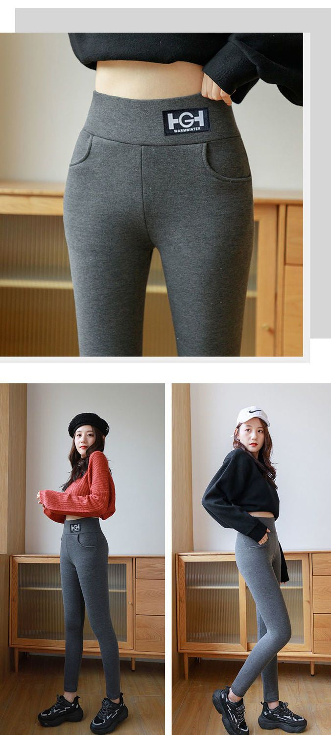Winter Women Leggings Solid Warm Leggings Thicken Lambwool Hight Waist Fleece Keep Butt Lift High Stretchy Walking Pants Pocket