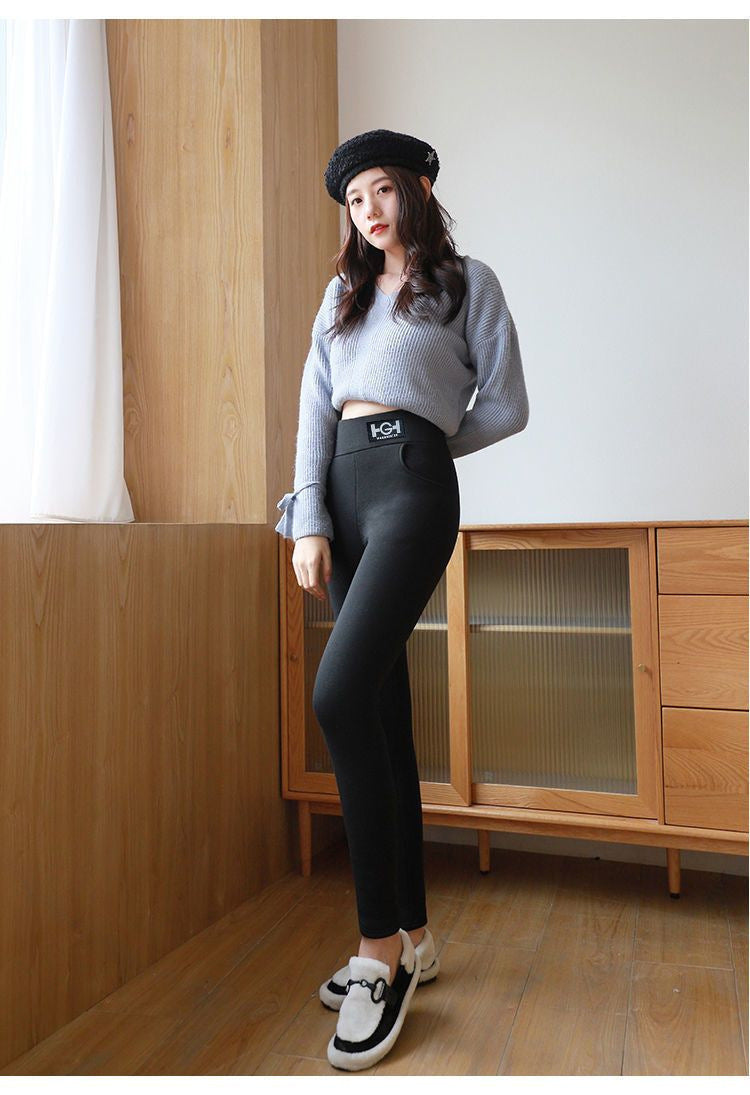 Winter Women Leggings Solid Warm Leggings Thicken Lambwool Hight Waist Fleece Keep Butt Lift High Stretchy Walking Pants Pocket