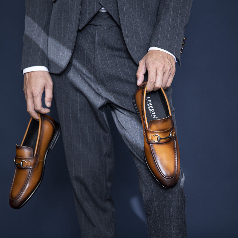 Men's Handmade Cowhide Leather Business Shoes – Horse-Bit Buckle Formal Dress Footwear