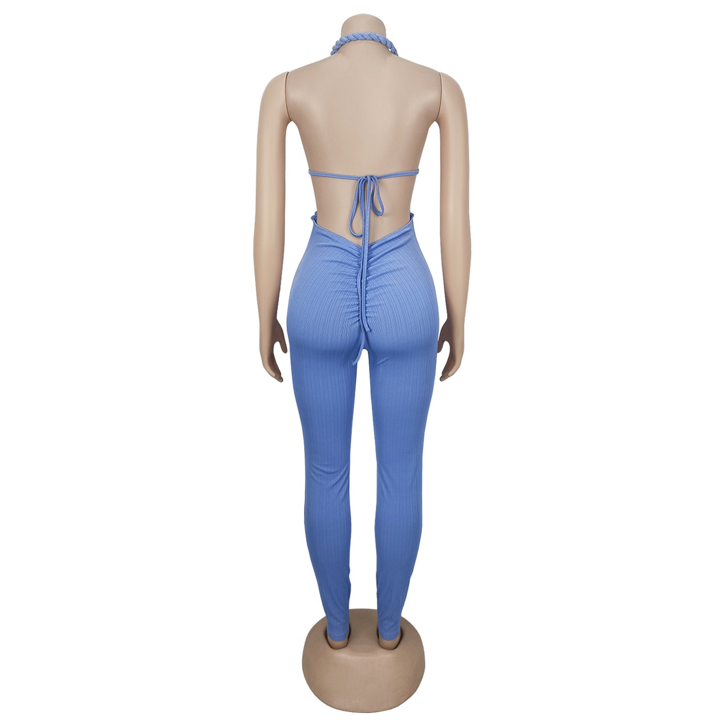 GLCMYAYA Women Halter Neck Knit Ribbed Ruched Stacked Jumpsuits 2025 Summer Vacation Beach Romper Playsuit One Piece Set Outfits