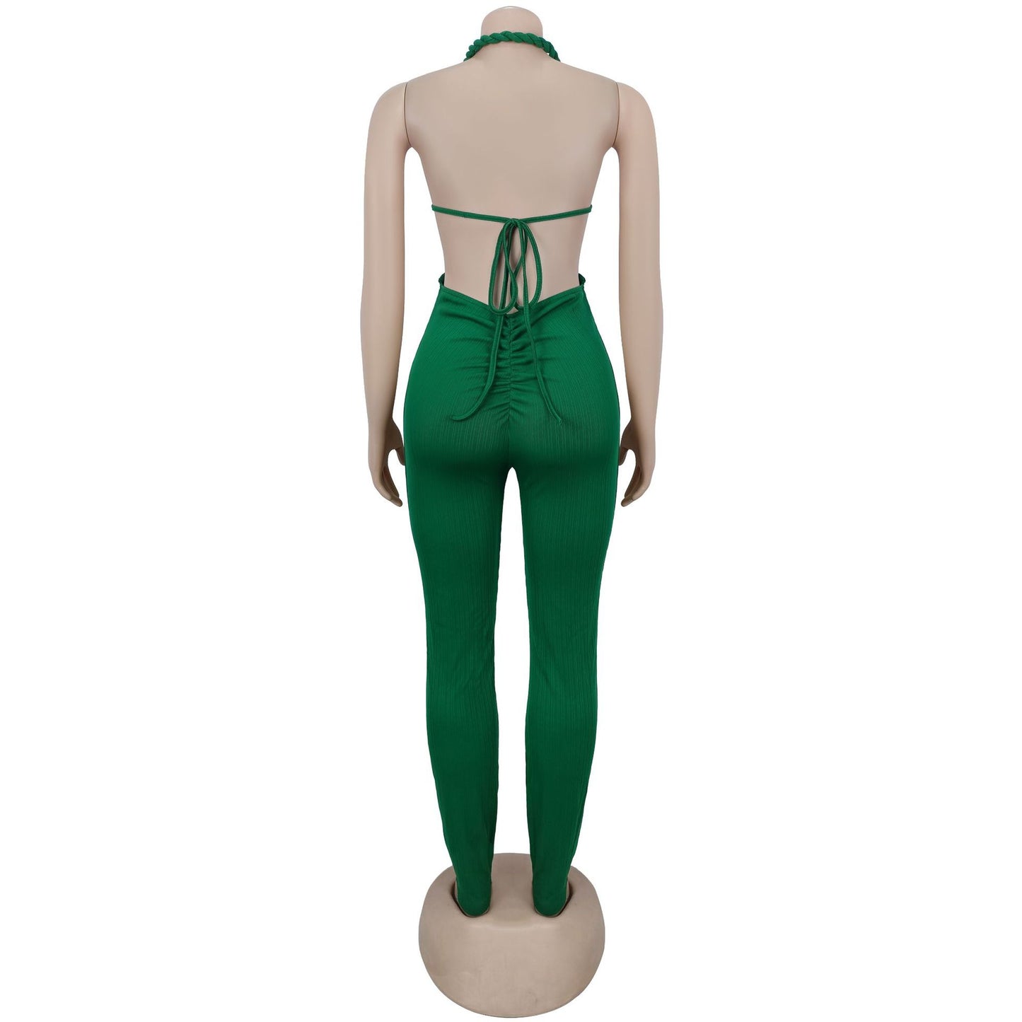 GLCMYAYA Women Halter Neck Knit Ribbed Ruched Stacked Jumpsuits 2025 Summer Vacation Beach Romper Playsuit One Piece Set Outfits