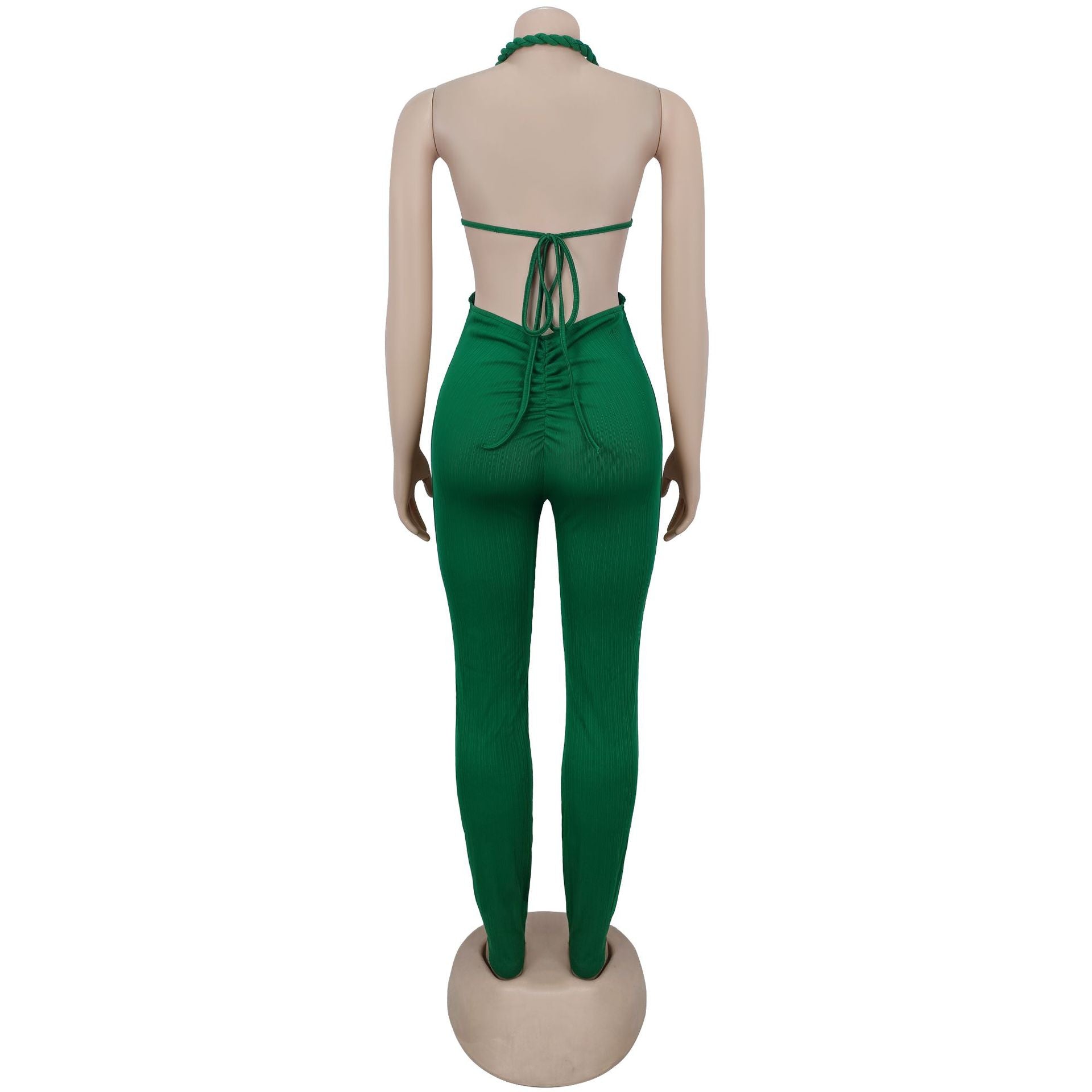 GLCMYAYA Women Halter Neck Knit Ribbed Ruched Stacked Jumpsuits 2025 Summer Vacation Beach Romper Playsuit One Piece Set Outfits