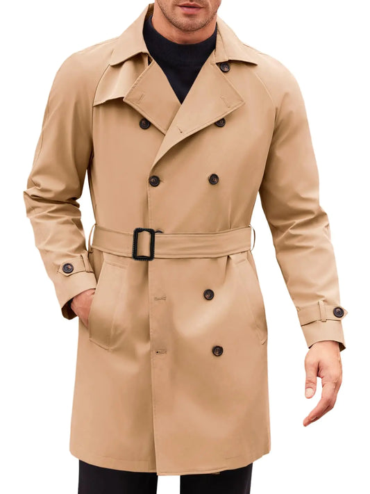 Runcati Mens Trench Coat Double Breasted Mid Long Jacket Casual Belted Overcoat Notched Lapel Windbreaker