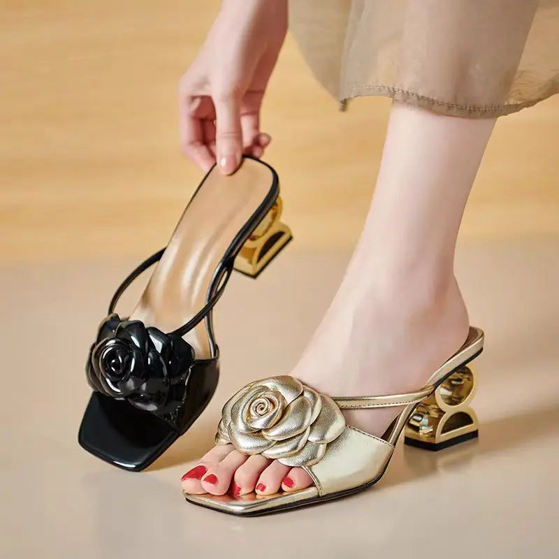 Women Shoes 2024 New Summer Fashion Flowers Black Beige Gold Dress Party Wedding Female Sandals  Big Size