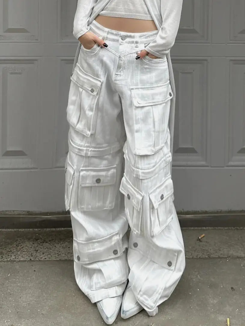 Casual jeans American washed multi-pocket work jeans Y2K retro women's street black straight-leg loose wide-leg pants