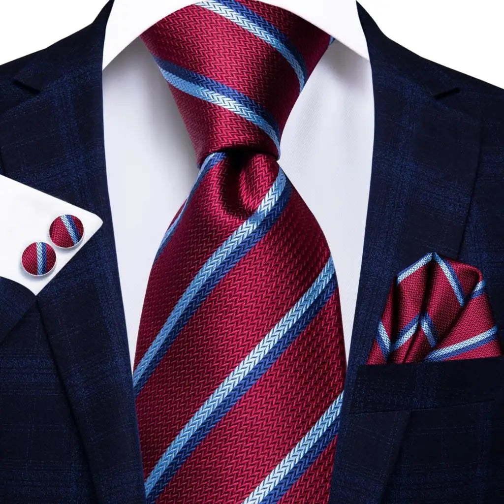 Hi-Tie Designer Red Burgundy Plaid Silk Wedding Tie For Men Handky Cufflink Gift Mens Necktie Fashion Business Party Dropshiping