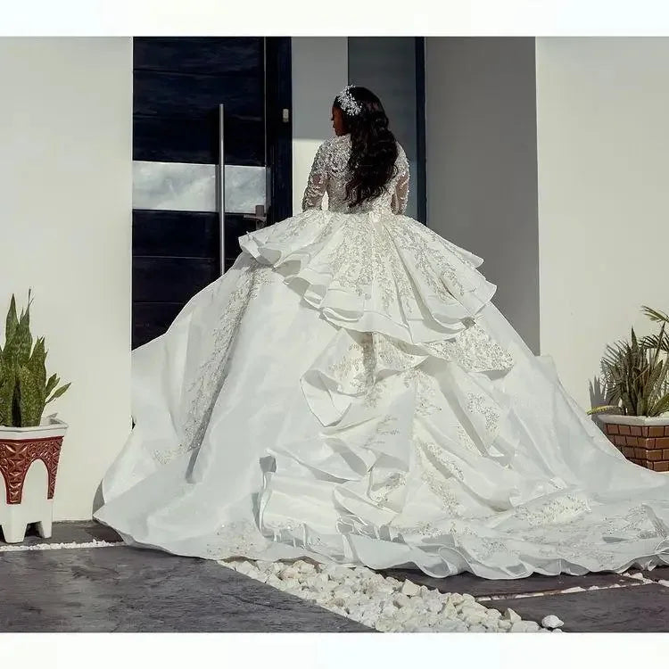 Gorgeousxx Sparkly Sequins Arabic Wedding Dress Long Sleeves African Bridal Gown Puffy Ruffles Dubai Robe De Mariage Customized