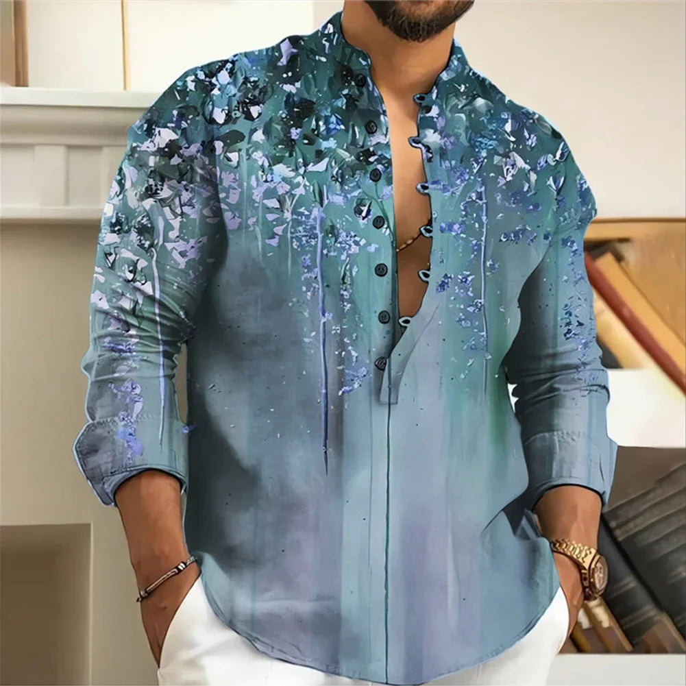 Men Long Sleeve Button-Down Shirt Blouse Loose Henley V-Neck Beach Tops T Shirts