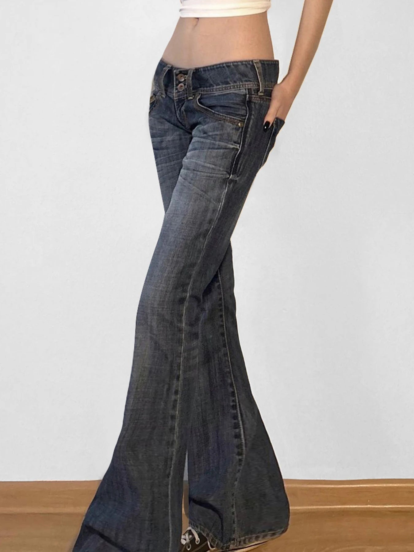 Cuteandpsycho Fashion Low Waisted Washed Flared Jeans Button Harajuku Aesthetic Pants Streetwear Basic Slim Pockets Y2K Bottoms