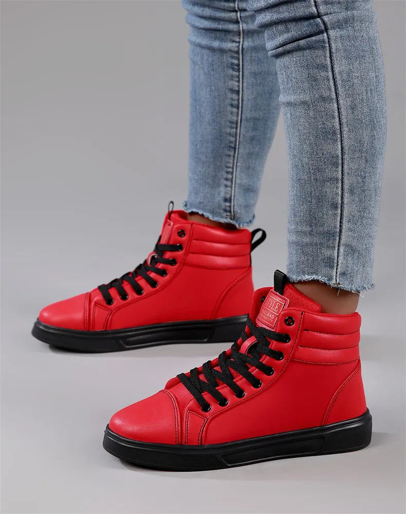 2025 Spring Fashion Red Men's Sneakers High Top Skateboarding Shoes for Men Women Comfortable Unisex Leather Sneakers Size 35-46