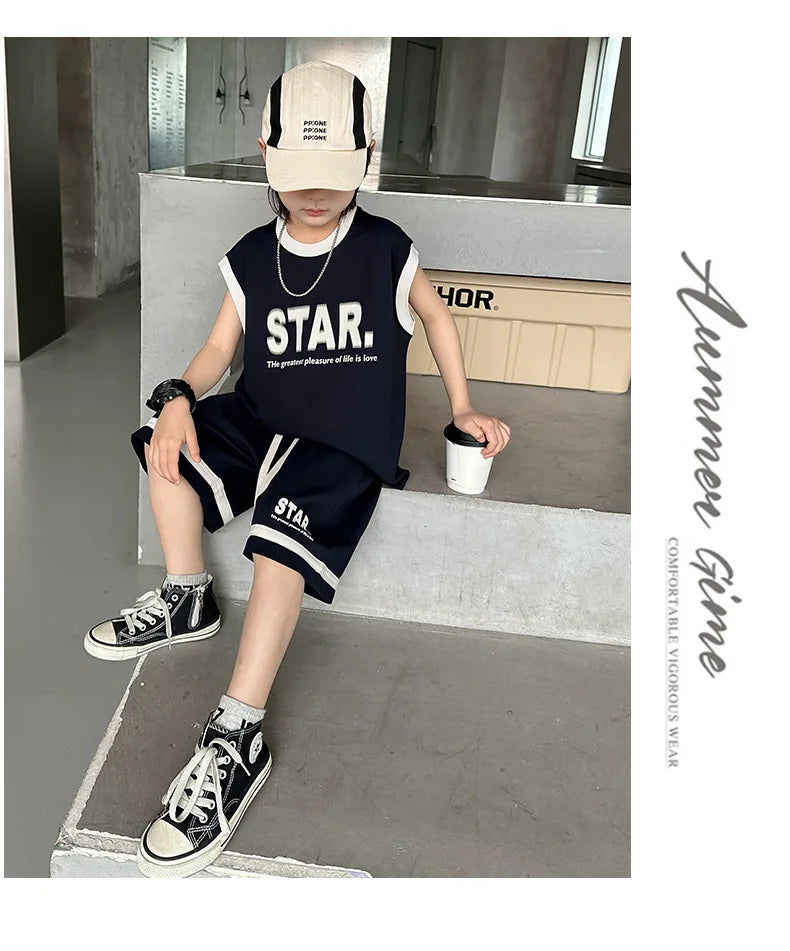 Summer 5-10 Years Old Boys' Sportswear Set 2025 Casual Loose Sleeveless Outfit | Trendy 2Pcs Clothing Letters Kids' Outfit