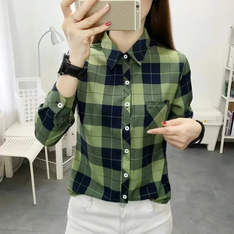 2024 Autumn New College Style Plaid Shirts Womens Long sleeve Button Down Casual Tops Loose Fashion Polo Neck Blouses
