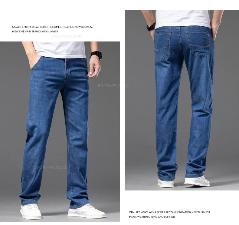 Summer Thin Men's Straight Jeans Classic Black Blue Stretch Casual Business Baggy Denim Pants Male Brand Trousers