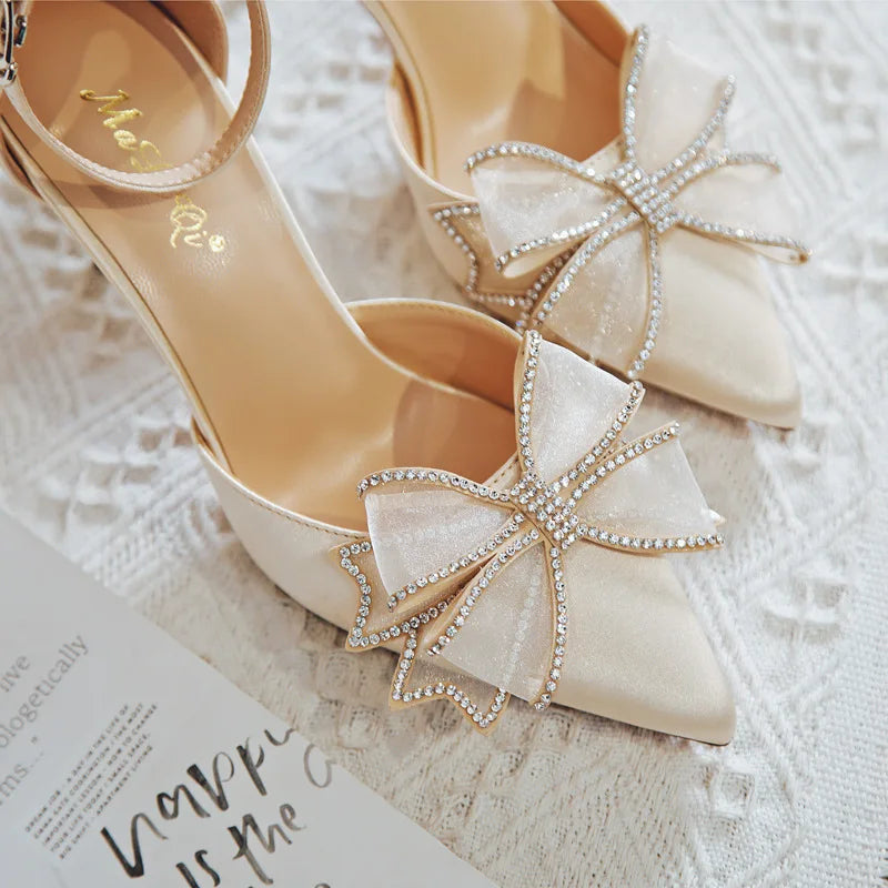 Crystal Wedding Shoes Bride Wedding Dress Two Wears  New Bow High Heels Women's Summer Slim Heels White Pointed Sandals  Women