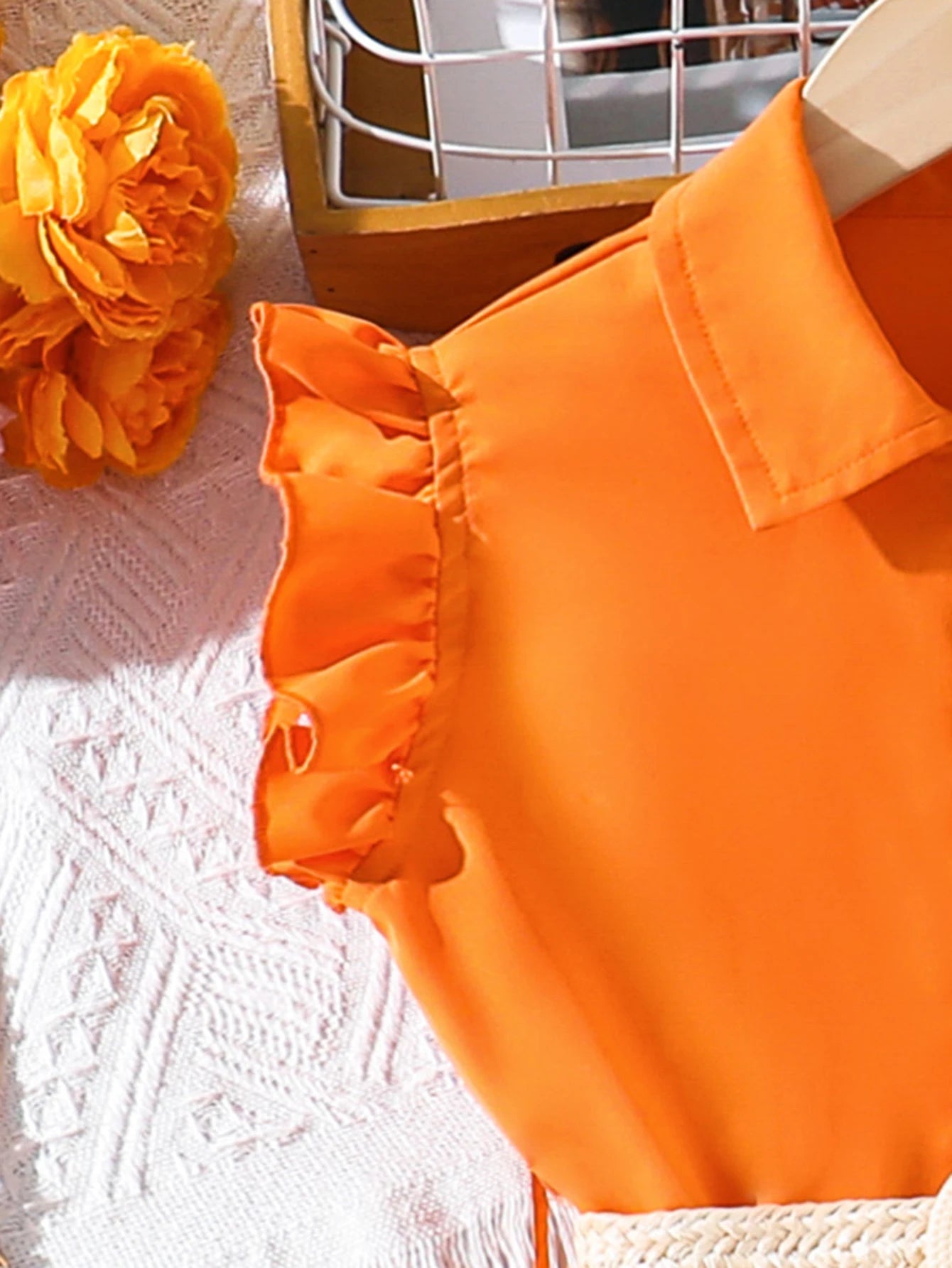 Girls' Sunset Orange Dress 2025 Summer New  Breathable Linen Blend with Woven Belt - Trendy Outdoor Kids Fashion