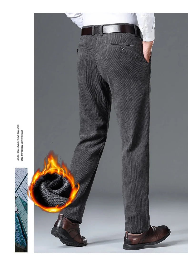 Winter New Corduroy Thick Pants Men's Fleece Fashion Business Straight Trousers Brand Comfortable Velvet Warm Plush Loose Pants