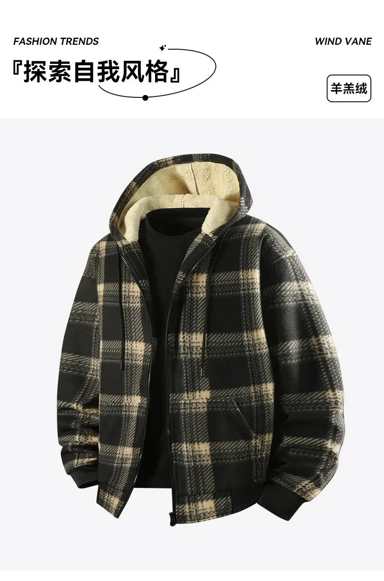 Winter Fashionable Trendy Grid Thickened Warm Lamb Fleece Jacket for Men's Casual Loose Sports Large Size High Quality Jacket