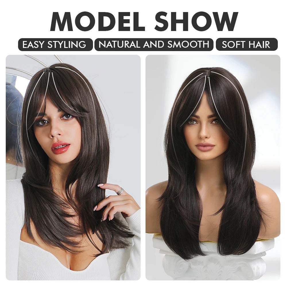 New Synthetic Long Straight Wigs Black Brown Wigs with Side Bangs Heat Resistant Lady Wigs for African American Women Hair