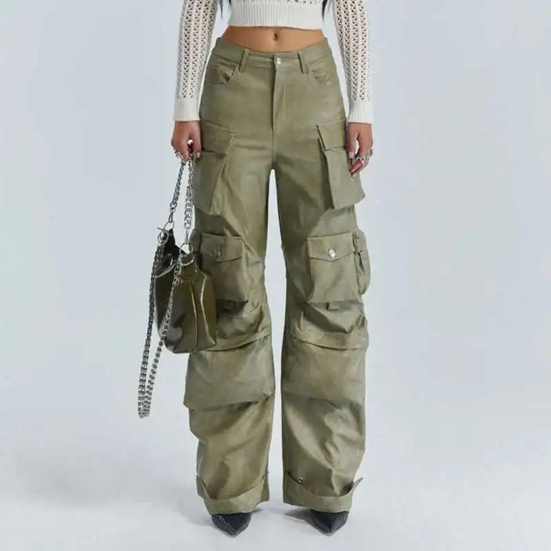 DEAT Multi Pocket Design Vintage PU Leather Pants For Women High Waist Single Button Cargo Trousers 2024 Autumn Female 11XX5286