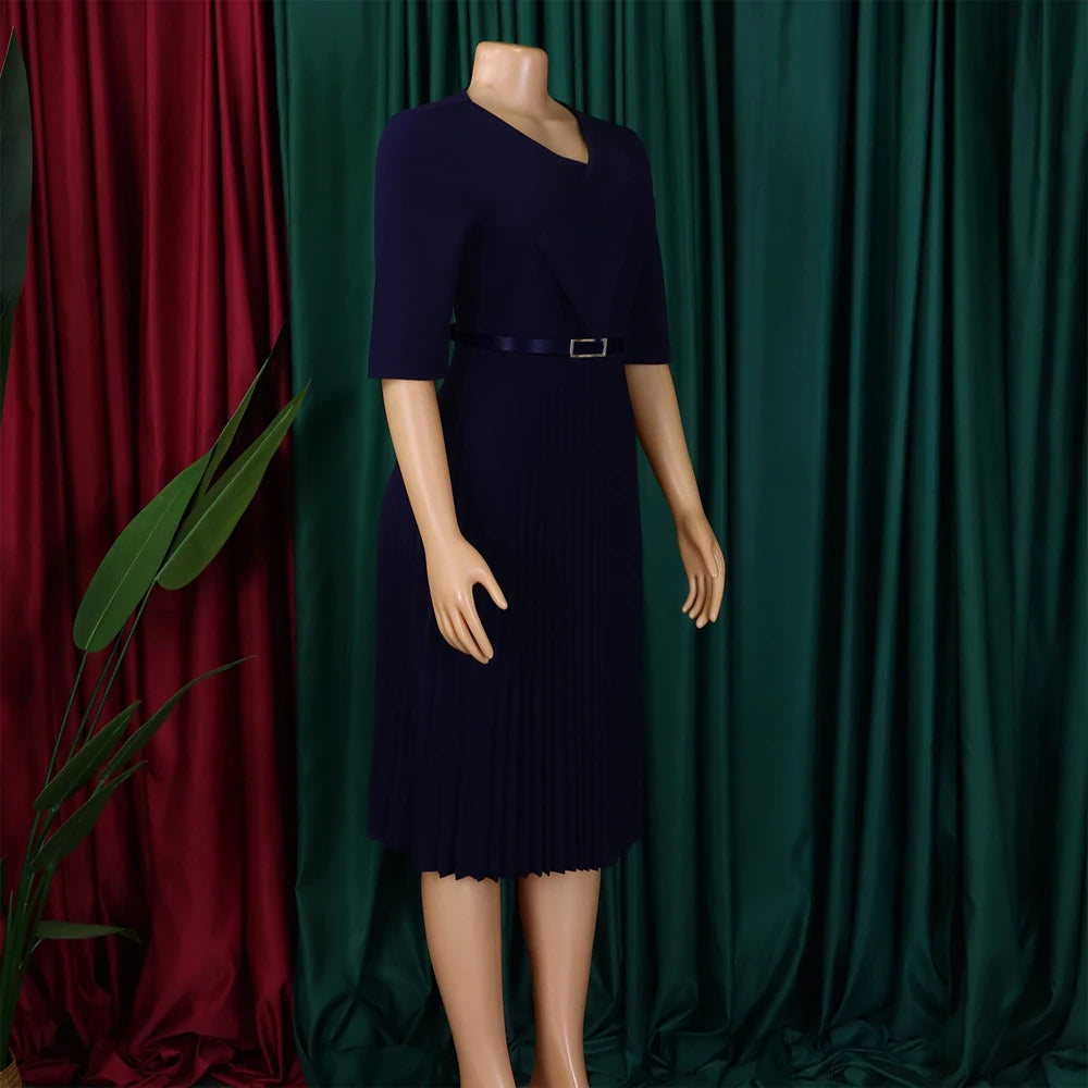 Church Dresses for Women Elegant V Neck Half Sleeves Pleated A-Line Midi Dress Female Classy Modest African Summer Fashion Gowns