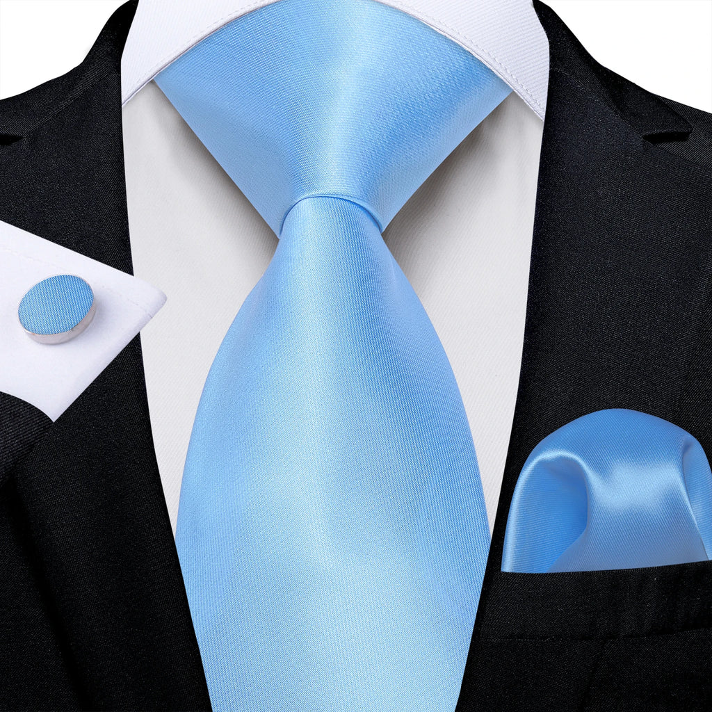Light Blue Men's Tie Set Handkerchief Cufflinks Solid Paisley Floral Wedding Party Formal Groom Suits Accessories Gift Husband