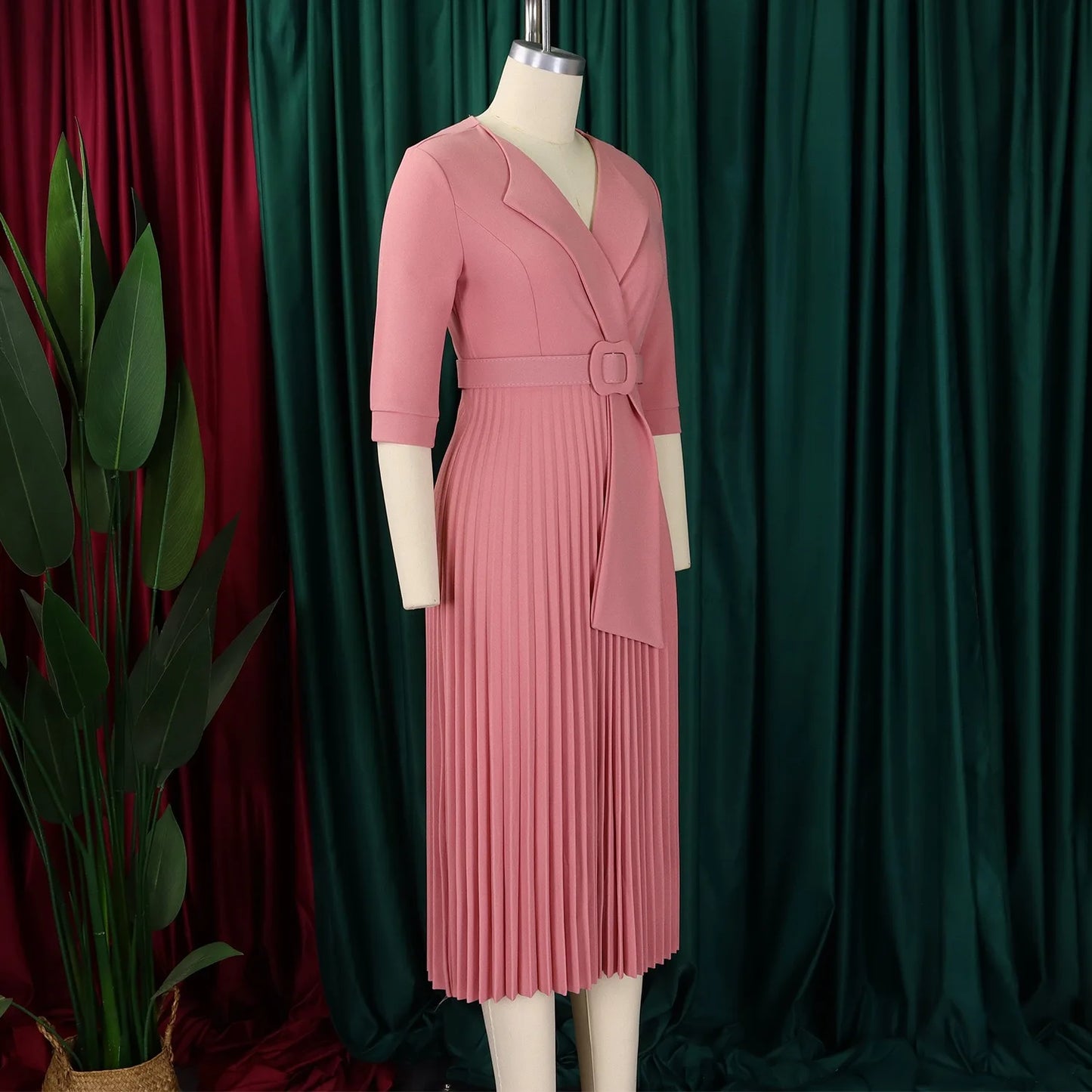 Elegant Office Ladies Dresses 2024 Autumn Fall Notched Collar Half Sleeve Belt Waisted Mid Calf Female Birthday Party Dress Midi